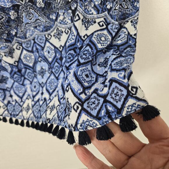 J. Jill Maxi Skirt Sz S Petite Blue White Print Elastic Waist Tassels Hem Boho - Picture 4 of 13
